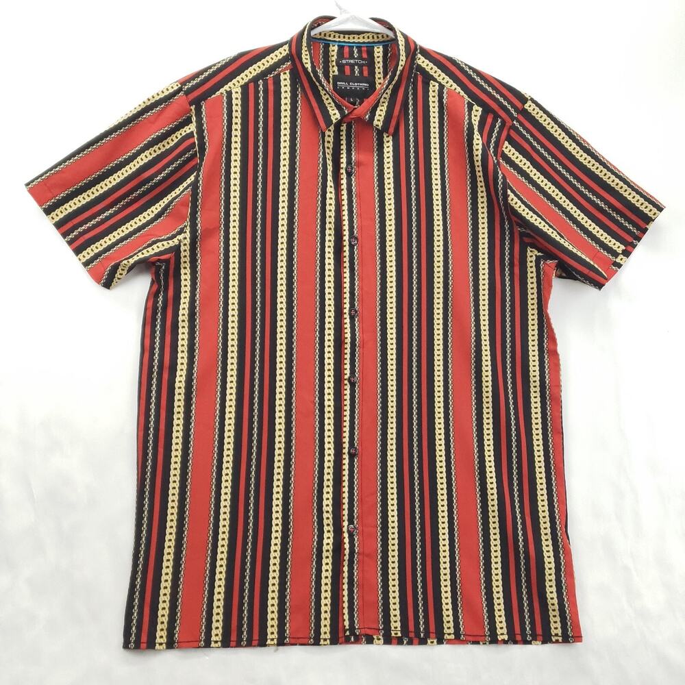 Drill Clothing Shirt Mens L Red Black Gold Chains Stretch Short Sleeve Button-Up